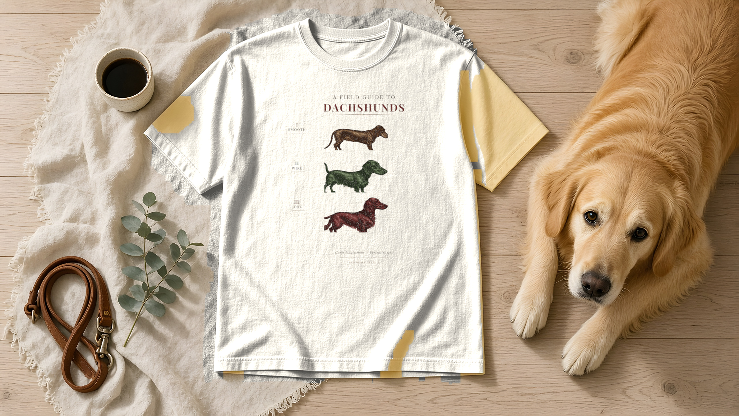 A Field Guide to Dachshunds tee, styled on a natural textile